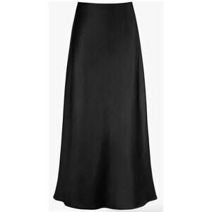 Womens Satin High Waisted Hidden Elasticized Waistband A-Line Maxi Black Skirt